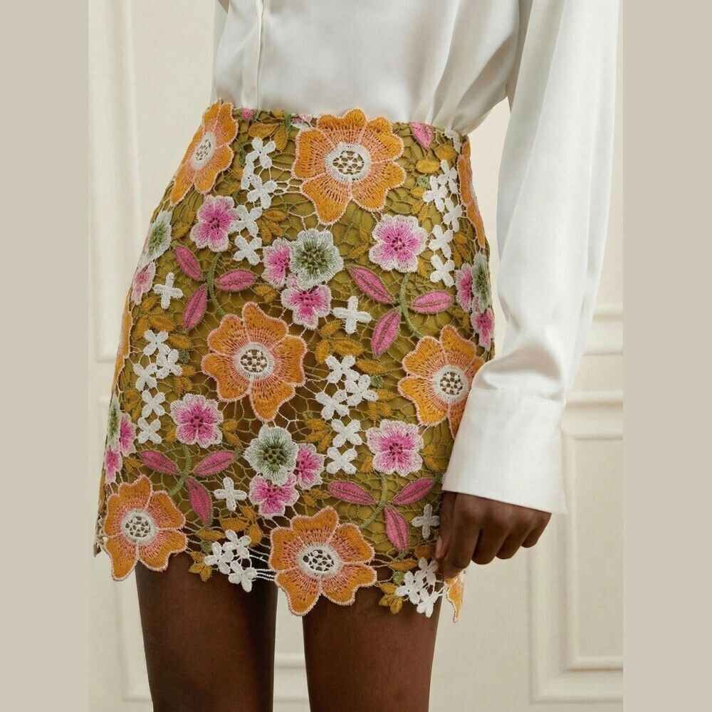 Green / Orange / Lilac Floral Guipure Lace Scalloped Hem Mini Skirt